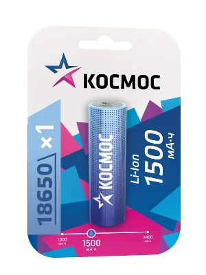 Аккумулятор Li-ion 18650 1500мА.ч без защиты (блист.1шт) Космос KOC18650Li-ion15UBL1