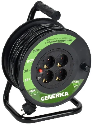 Удлинитель на катушке 4х30м 16А IP20 УК30 2P+PE 3х1.5 термозащита GENERICA WKP20-16-04-30-G