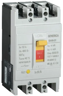 Выключатель автоматический 3п 80А 18кА ВА66-31 GENERICA SAV10-3-0080-G