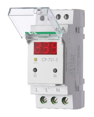 Реле напряжения CP-721-3 40А контроль напряжения: нижн. порог 140-210В верхн. порог 240-300В цифров. индикация напряжения 2мод. монтаж на DIN-рейку возможность пломбировки панели управления F&F EA04.009.021