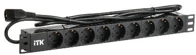 Блок розеток 9 мест PDU (немец. станд.) DIN 49440 ПВХ профиль 1U шнур 2м; вилка IEC 320 C14; черн. ITK PH22-9D2-P